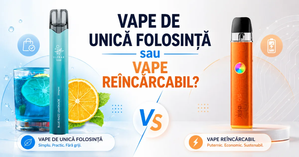 i want to make a feature image for a blog post with this title: Vape de Unică Folosință sau Vape Reîncărcabil?