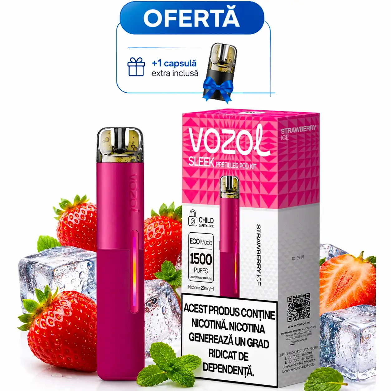 Kit VOZOL Sleek Strawberry Ice 20mg 600mAh 2% 2ml