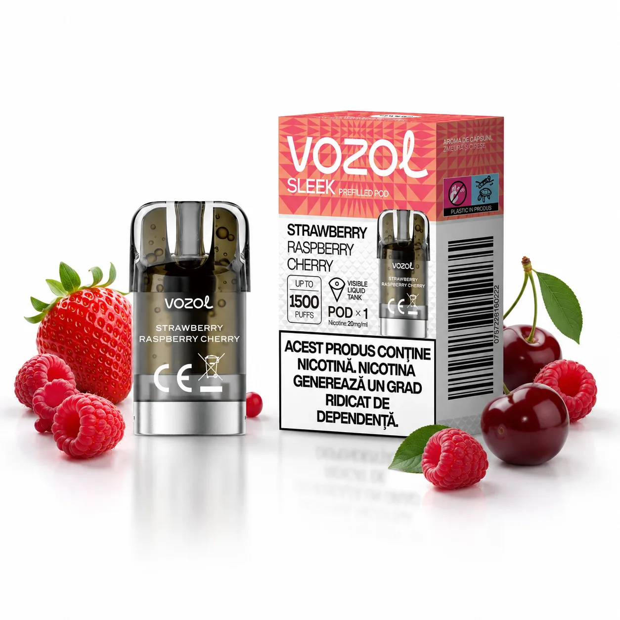 Capsula Vozol Sleek 1500 pufuri Strawberry Raspberry Cherry 2% 2ml